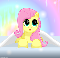 Size: 1654x1580 | Tagged: safe, artist:techarmsbu, character:fluttershy, :o, bed, blanket, female, prone, solo