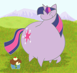 Size: 1280x1218 | Tagged: safe, artist:toonfreak, character:twilight sparkle, species:pony, species:unicorn, chubby, chubby twilight, cupcake, eyes closed, fat, female, food, mare, mountain, solo, this world, twilard sparkle