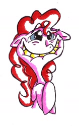 Size: 966x1542 | Tagged: safe, artist:toonfreak, character:pinkie pie, species:earth pony, species:pony, awkward smile, crossed hooves, female, floppy ears, mare, simple background, solo, traditional art, white background