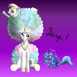 Size: 1000x1000 | Tagged: safe, artist:cgeta, character:derpy hooves, character:princess celestia, character:princess luna, species:alicorn, species:pegasus, species:pony, afro, alternate hairstyle, blep, cross-eyed, derp, derplestia, frolestia, giggling, gradient background, laughing, s1 luna, sillestia, silly, silly pony, smiling, stuck, tongue out, waving