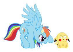Size: 1280x914 | Tagged: safe, artist:toonfreak, character:rainbow dash, species:pegasus, species:pony, crossover, female, mare, pikachu, pokémon, simple background, transparent background