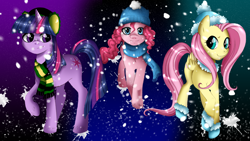 Size: 1920x1080 | Tagged: safe, artist:musapan, character:fluttershy, character:pinkie pie, character:twilight sparkle, character:twilight sparkle (unicorn), species:earth pony, species:pegasus, species:pony, species:unicorn, g4, clothing, female, mare, photoshop, scarf, smiling, unshorn fetlocks, wallpaper, winter