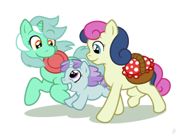 Size: 1314x1000 | Tagged: safe, artist:raygirl, character:bon bon, character:liza doolots, character:lyra heartstrings, character:petunia, character:sweetie drops, character:tootsie flute, basket, frisbee, lyrabontoots family, magical lesbian spawn, mouth hold, offspring, picnic basket, running