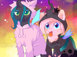 Size: 680x512 | Tagged: safe, artist:miki 14, character:queen chrysalis, oc, oc:fluffle puff, species:changeling, species:pony, ship:chrysipuff, canon x oc, changeling queen, clothing, cosplay, costume, cute, cutealis, female, flufflebetes, hoodie, lesbian, shipping, tongue out