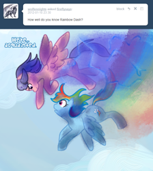 Size: 662x740 | Tagged: safe, artist:prismaya, character:firefly, character:rainbow dash, species:pegasus, species:pony, g1, g4, ask, duo, female, firefly says, flying, g1 to g4, generation leap, mare, rainbow trail, speed trail, tumblr