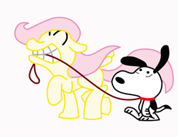Size: 1280x989 | Tagged: safe, artist:toonfreak, character:fluttershy, species:pegasus, species:pony, crossover, female, floppy ears, leash, mare, mouth hold, peanuts, simple background, snoopy, walking