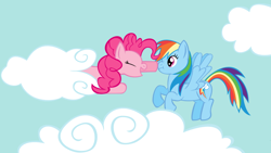 Size: 1024x576 | Tagged: safe, artist:videogamehunter, character:pinkie pie, character:rainbow dash, species:earth pony, species:pegasus, species:pony, :t, boop, cloud, cloudy, duo, duo female, eyes closed, female, flying, mare, open mouth, pinkie being pinkie, pinkie physics, sky, smiling, spread wings, surprised, wide eyes, wings