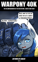 Size: 1182x1920 | Tagged: safe, artist:mod-of-chaos, character:daisy, oc, oc:naked steel, armor, ask-thewarpony, crossover, dialogue, dreadnought, powered exoskeleton, space marine, speech bubble, tumblr, ultramarine, warhammer (game), warhammer 40k