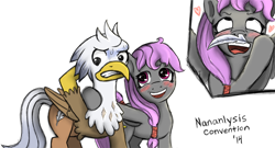 Size: 1200x649 | Tagged: safe, artist:root, oc, oc only, oc:peel off, oc:silver quill, species:classical hippogriff, species:hippogriff, species:pegasus, species:pony, blushing, feather, heart, non-pony oc, simple background, sweat, white background