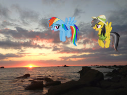 Size: 3264x2448 | Tagged: safe, artist:korsoo, artist:makenshi179, artist:waranto, character:daring do, character:rainbow dash, floating, irl, lake, photo, ponies in real life, rock, sunset, vector
