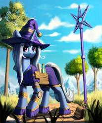 Size: 1600x1939 | Tagged: safe, artist:sceathlet, character:trixie, species:pony, species:unicorn, bottle, clothing, compass, female, hat, mare, mountain, pouch, saddle bag, scroll, solo, staff, tree, trixie's cape, trixie's hat, wizard hat
