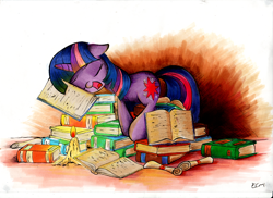 Size: 2000x1455 | Tagged: safe, artist:ecmonkey, character:twilight sparkle, book, book nest, bookhorse, candle, female, princess sleeping on books, sleeping, snoring, solo, that pony sure does love books, traditional art