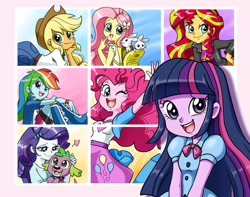 Size: 1024x805 | Tagged: safe, artist:chibi-jen-hen, character:applejack, character:fluttershy, character:pinkie pie, character:rainbow dash, character:rarity, character:spike, character:sunset shimmer, character:twilight sparkle, species:dog, ship:sparity, g4, my little pony:equestria girls, female, humane five, humane seven, humane six, male, mane six, one eye closed, poster, shipping, spike the dog, straight, wink