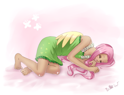 Size: 2581x1970 | Tagged: safe, artist:missangest, character:fluttershy, species:human, barefoot, breasts, clothing, delicious flat chest, dress, feet, female, flattershy, humanized, sleeping, winged humanization