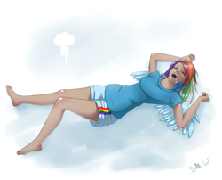 Size: 3300x2664 | Tagged: safe, artist:missangest, character:rainbow dash, species:human, barefoot, clothing, cloud, drool, eyes closed, feet, humanized, lying down, on back, open mouth, shorts, sleeping, spread wings, t-shirt, winged humanization, wings