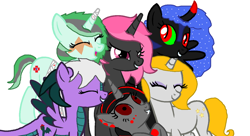 Size: 1024x558 | Tagged: safe, artist:silverromance, artist:strawberry-t-pony, oc, oc only, oc:blood drop, oc:brave heart, oc:camila cockatrice, oc:gold star, oc:midnight flare, oc:sour candy, parent:king sombra, parent:nightmare moon, parents:sombramoon, species:alicorn, species:dracony, species:pony, alicorn oc, collaboration, hybrid, offspring