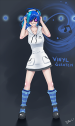 Size: 1924x3214 | Tagged: safe, artist:missangest, character:dj pon-3, character:vinyl scratch, species:human, clothing, female, humanized, socks, solo, striped socks