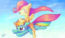 Size: 1920x1136 | Tagged: safe, artist:halem1991, character:fluttershy, character:rainbow dash, filly, flying, younger