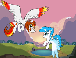 Size: 3000x2291 | Tagged: safe, artist:bravefleet, oc, oc only, oc:brave dash, oc:shimmering shield, species:pegasus, species:pony, big wings, flying, tail feathers