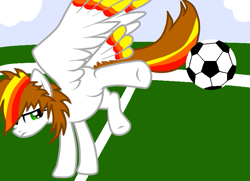 Size: 785x567 | Tagged: safe, artist:bravefleet, oc, oc only, oc:brave dash, species:pegasus, species:pony, football, kicking, sports, tail feathers
