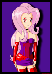 Size: 3736x5290 | Tagged: safe, artist:rexpony, character:flutterbat, character:fluttershy, my little pony:equestria girls, breasts, clothing, delicious flat chest, evening gloves, female, fingerless gloves, flattershy, gloves, human coloration, latex, long gloves, solo