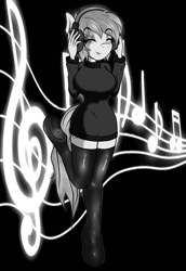 Size: 1874x2723 | Tagged: safe, artist:derpyramone, oc, oc only, oc:reppy, species:anthro, species:earth pony, species:pony, big breasts, breasts, clothing, curvy, eyes closed, female, happy, headphones, hourglass figure, latex, latex socks, monochrome, music notes, raised leg, simple background, smiling, socks, solo, sweater, turtleneck