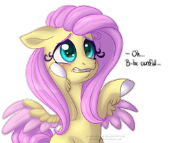 Size: 1000x836 | Tagged: safe, artist:frostedpuffs, character:fluttershy, blushing, colored wings, colored wingtips, dialogue, female, hooves, simple background, solo, transparent background, worried