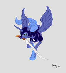 Size: 895x1000 | Tagged: safe, artist:lunarapologist, character:princess luna, species:alicorn, species:pony, armor, artifact, female, gray background, mouth hold, s1 luna, simple background, solo, sword, warrior, warrior luna