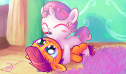 Size: 1920x1136 | Tagged: safe, artist:halem1991, character:scootaloo, character:sweetie belle, blushing, cute, cutealoo, diasweetes, eyelashes, eyes closed, filly, frown, halem1991 is trying to murder us, hnnng, lipstick, makeup, misleading thumbnail, mouth hold, on back, smiling, weapons-grade cute, younger