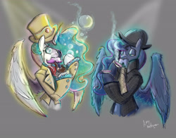 Size: 4200x3300 | Tagged: safe, artist:mad--munchkin, character:princess celestia, character:princess luna, species:pony, bipedal, bowler hat, bubble, bubble pipe, classy, clothing, hat, moustache, spread wings, suit, tea, teacup, top hat, wings