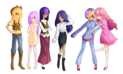 Size: 1000x600 | Tagged: safe, artist:tearzah, character:applejack, character:fluttershy, character:pinkie pie, character:rainbow dash, character:rarity, character:twilight sparkle, species:human, boots, clothing, dress, humanized, long skirt, mane six, shoes, simple background, skirt, transparent background