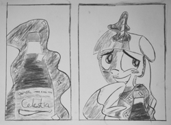 Size: 1025x745 | Tagged: safe, artist:inkygarden, character:twilight sparkle, charcoal drawing, coca-cola, female, grayscale, monochrome, sketch, solo, traditional art