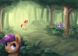 Size: 2500x1796 | Tagged: safe, artist:chiramii-chan, character:apple bloom, character:scootaloo, character:sweetie belle, species:earth pony, species:pegasus, species:pony, species:unicorn, newbie artist training grounds, apple bloom's bow, bow, bush, bushicorn, cutie mark crusaders, female, filly, forest, grass, hair bow, hide and seek, hiding, signature, tree