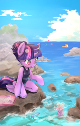 Size: 1024x1611 | Tagged: safe, artist:siagia, character:applejack, character:pinkie pie, character:rainbow dash, character:spike, character:twilight sparkle, species:pony, species:unicorn, alternate hairstyle, arm hooves, beach, book, breasts, chestbreasts, cliff, clothing, female, fish, one-piece swimsuit, open mouth, sea anemone, semi-anthro, solo, sukumizu, swimsuit