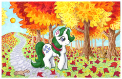 Size: 1200x774 | Tagged: safe, artist:kaikaku, character:gusty, g1, autumn, forest, leaves, scenery, squirrel, traditional art