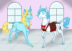 Size: 2912x2059 | Tagged: safe, artist:amaya-chans2, parent:prince blueblood, parent:trixie, parents:bluetrix, species:classical unicorn, brother and sister, cloven hooves, curved horn, leonine tail, offspring, unshorn fetlocks