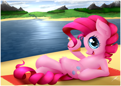 Size: 1600x1131 | Tagged: safe, artist:wreky, character:pinkie pie, species:earth pony, species:pony, beach towel, chest fluff, cup, drink, ear fluff, female, hoof hold, lake, leg fluff, mare, open mouth, profile, solo