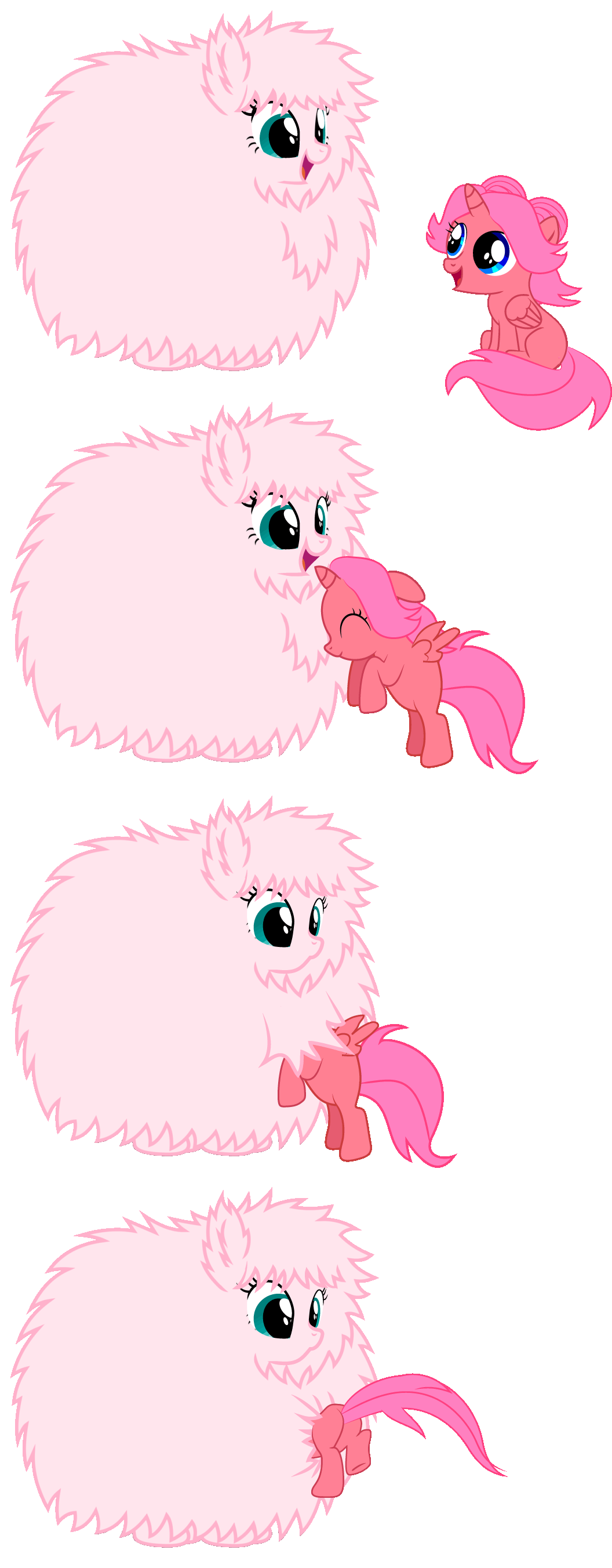 Size: 1056x2704 | Tagged: safe, artist:creshosk, oc, oc only, oc:cherry bloom, oc:fluffle puff, species:alicorn, species:pony, alicorn oc, animated, eye contact, eyes closed, floppy ears, hoofy-kicks, open mouth, sitting, smiling, stuck