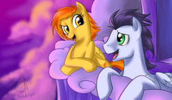 Size: 1800x1050 | Tagged: safe, artist:cat-cly, character:soarin', character:spitfire, species:pegasus, species:pony, balcony, cloud, duo, female, male, mare, smiling, stallion