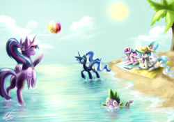 Size: 1000x700 | Tagged: safe, artist:yummiestseven65, character:princess cadance, character:princess celestia, character:princess luna, character:spike, character:twilight sparkle, character:twilight sparkle (alicorn), species:alicorn, species:pony, alicorn tetrarchy, alternate hairstyle, beach, beach ball, beach towel, cap, clothing, drinking, female, hat, magic, mare, ponytail