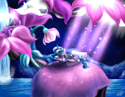 Size: 900x700 | Tagged: safe, artist:yummiestseven65, character:princess luna, species:alicorn, species:pony, episode:do princesses dream of magic sheep?, female, flower, giant flower, glowing flower, luna's dream, mare, night, sleeping, solo, waterfall