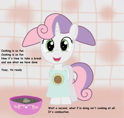 Size: 1886x1796 | Tagged: safe, artist:birdco, character:sweetie belle, apron, azumanga daioh, bowl, bread, clothing, crossover, cute, diasweetes, female, food, liquid toast, mihama chiyo, parody, solo, sweetie belle can't cook, toast