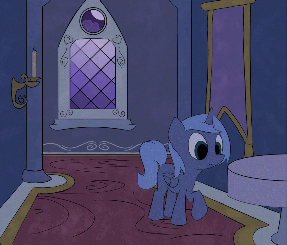 Size: 920x785 | Tagged: safe, artist:inkygarden, character:princess luna, species:alicorn, species:pony, 2spooky, :o, animated, bipedal, candle, cute, dawwww, female, filly, foal, frame by frame, ghost, hnnng, lunabetes, mouth hold, nightmare retardant, solo, spooky, tablecloth, woona, younger