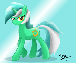 Size: 963x805 | Tagged: safe, artist:zyncrus, character:lyra heartstrings, species:pony, species:unicorn, abstract background, female, lidded eyes, mare, signature, smiling, solo