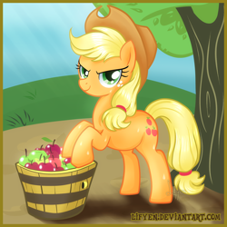 Size: 1200x1200 | Tagged: safe, artist:lifyen, character:applejack, apple, female, looking at you, solo, sweat