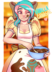 Size: 688x954 | Tagged: safe, artist:alvrexadpot, oc, oc only, oc:vanilla ganache, species:human, apron, bow, bowl, chocolate, clothing, dress, hair bow, humanized, mess, mixing bowl, solo, winged humanization