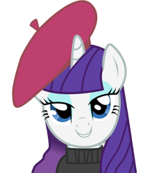 Size: 900x1026 | Tagged: dead source, safe, artist:eruvon, character:rarity, alternate hairstyle, beatnik rarity, bedroom eyes, beret, clothing, female, hat, love face, simple background, solo, transparent background, vector