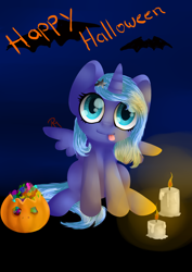 Size: 2480x3496 | Tagged: safe, artist:moon-wing, character:princess luna, species:bat, candle, candy, cute, female, filly, halloween, jack-o-lantern, lunabetes, pumpkin, sitting, solo, spread wings, tongue out, wings, woona