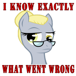 Size: 3508x3508 | Tagged: safe, artist:zackira, character:derpy hooves, species:pegasus, species:pony, alternate hairstyle, bun, caption, dark mirror universe, female, frown, glasses, hair bun, high res, hilarious in hindsight, i just don't know what went wrong, i know exactly what went wrong, mare, portrait, raised eyebrow, serious, simple background, solo, subverted meme, transparent background