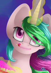 Size: 2480x3496 | Tagged: safe, artist:moon-wing, character:princess celestia, cake, cakelestia, female, frosting, licking, licking lips, looking at you, magic, solo, telekinesis, tongue out